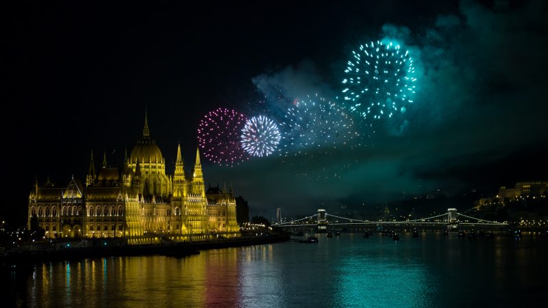 Photo of a fireworks explosion above the Hungarian Parliament