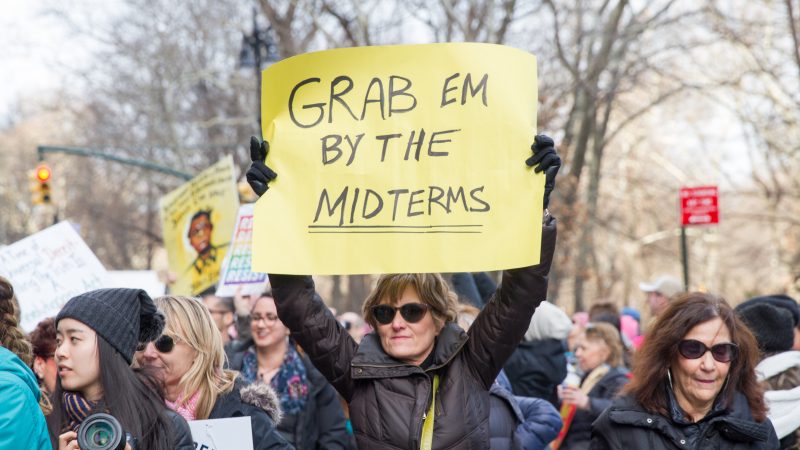 A woman at the Women’s March 2018 demonstration in New York holding up a sign that reads "Grab 'em by the midterms"