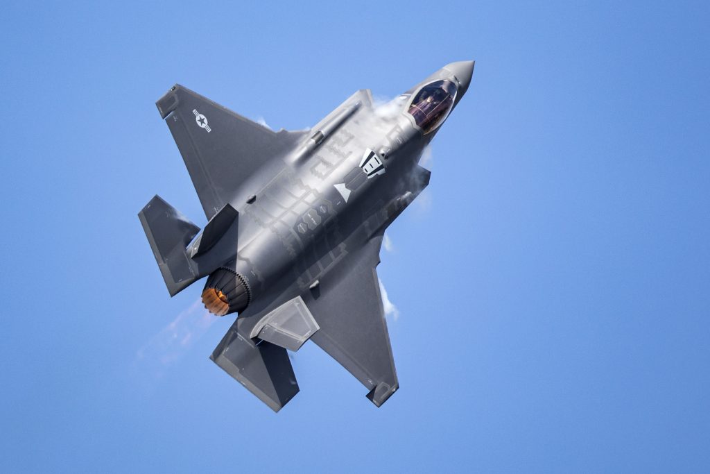 United States Air Force (USAF) F-35A performing a role demonstration during the Royal International Air Tattoo (RIAT) 2018.
