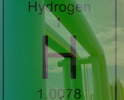 Spectral lines of hydrogen overlayed by the element's details in the periodic table, as well as an image of hydrogen pipelines