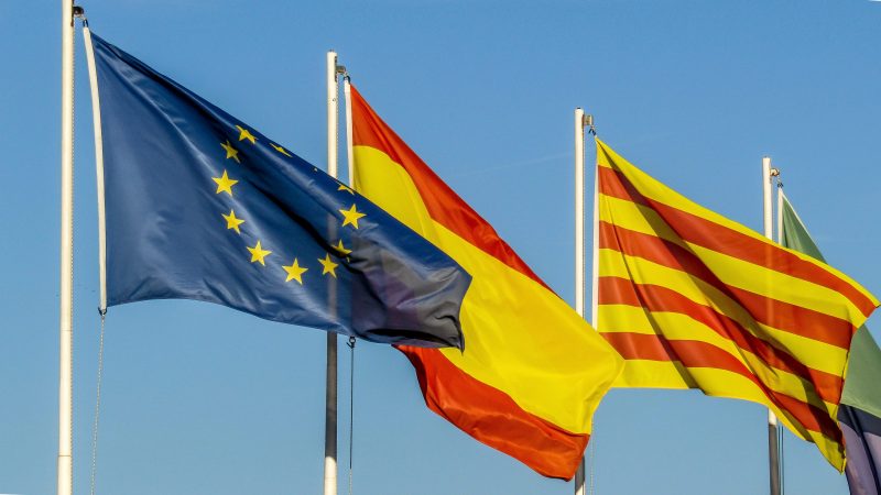 The flags of the European Union, Spain and Catalonia. (Source: PXFuel.com)
