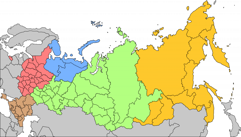 The Eastern Military District, shown in yellow, on a map of the five Russian military districts (Source: Alex Weyens / Wikimedia Commons)