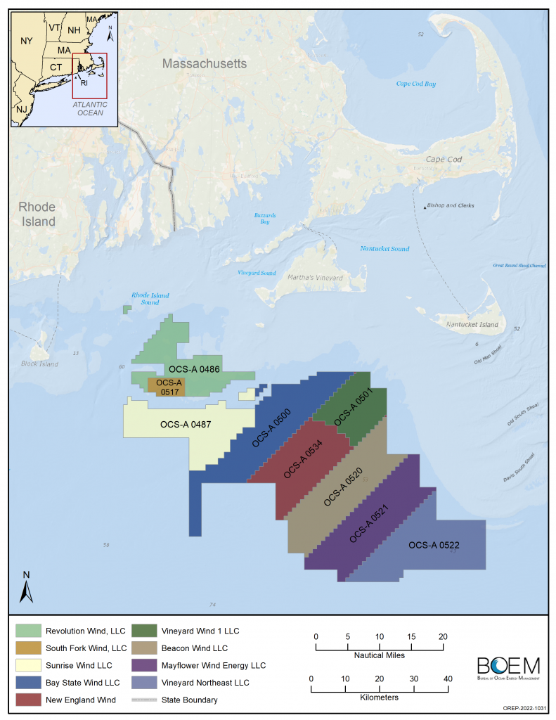 Wind energy lease areas off the southern coasts of Massachusetts and Rhode Island as of October, 2022(Source: Bureau of Ocean Energy Management, United States Department of the Interior / Wikimedia Commons)