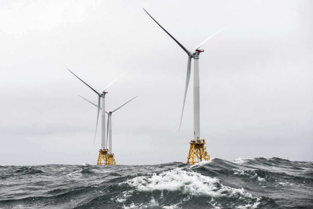 Heavy seas engulf the block island wind farm, the first US offshore wind farm. The five halide 6mw turbines were recently installed by deep water, and are currently under commissioning (Original public domain image from Flickr)