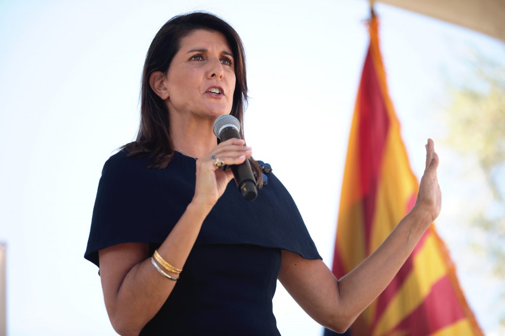 Former United Nations Ambassador and Republican "China hawk" Nikki Haley speaking with supporters at a campaign event for U.S. Senator Martha McSally at a home in Scottsdale, Arizona in 2020. (Photo: Gage Skidmore / Flickr.com)
