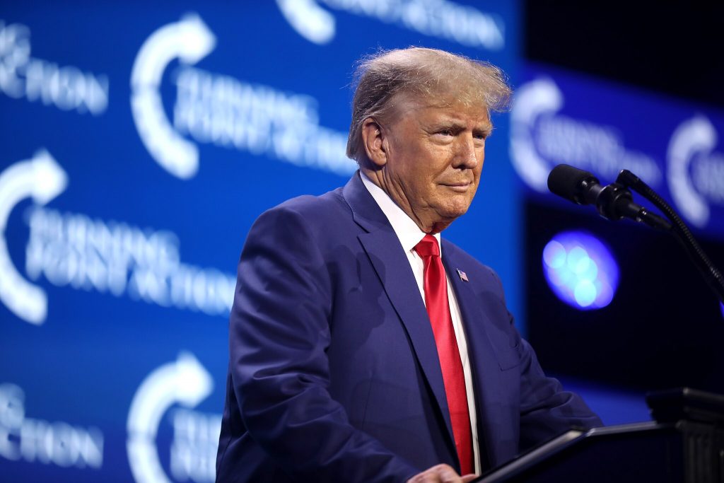 Former President of the United States Donald Trump speaking with attendees at the 2023 Turning Point Action Conference at the Palm Beach County Convention Center in West Palm Beach, Florida (Photo: Gage Skidmore / Wikimedia Commons)