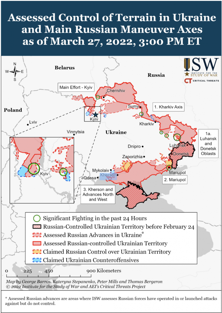 Assessed Control of Terrain in Ukraine and Main Russian Maneuver Axesas of March 27, 2022 (Source: Institute for the Study of War)