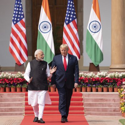 President Donald J. Trump and Indian Prime Minister Narendra Modi walk together from Hyderabad House to deliver a joint press statement Tuesday, Feb. 25, 2020, on the lawn of Hyderabad House in New Delhi (Photo by Shealah Craighead)