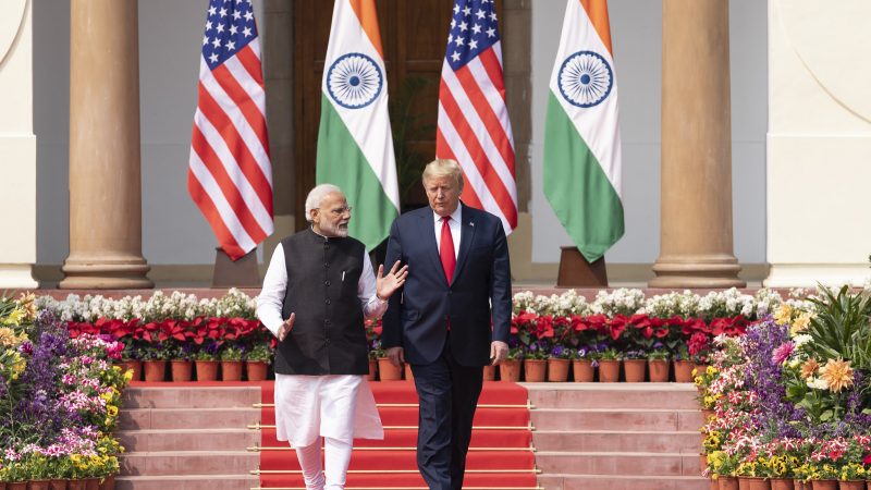 President Donald J. Trump and Indian Prime Minister Narendra Modi walk together from Hyderabad House to deliver a joint press statement Tuesday, Feb. 25, 2020, on the lawn of Hyderabad House in New Delhi (Photo by Shealah Craighead)
