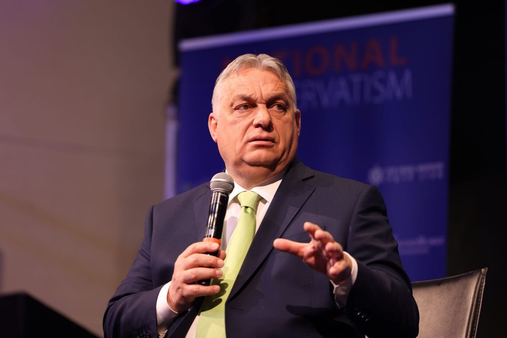 Hungarian Prime Minister Viktor Orban in conversation with Yoram Hazony at the NatCon Brussels 2 conference in Brussels, Belgium, April 17, 2024 (Photo: NatConTalk / X.com)