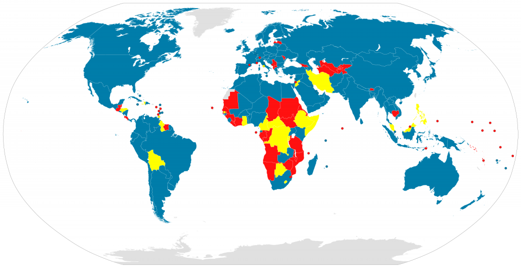Outer Space Treaty and the nations - blue: parties, yellow: signatories, red: non-parties (Source: WIkimedia Commons)