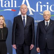 President Sergio Mattarella and Prime Minister Giorgia Meloni with Tunisian President Kais Saied at the Italy Africa Summit 2024