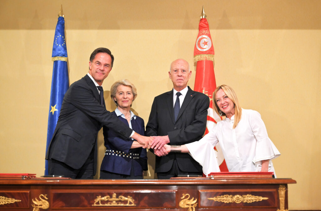 Saied with President of the European Commission Ursula von der Leyen, Italian Prime Minister Giorgia Meloni and Dutch Prime Minister Mark Rutte, 16 July 2023