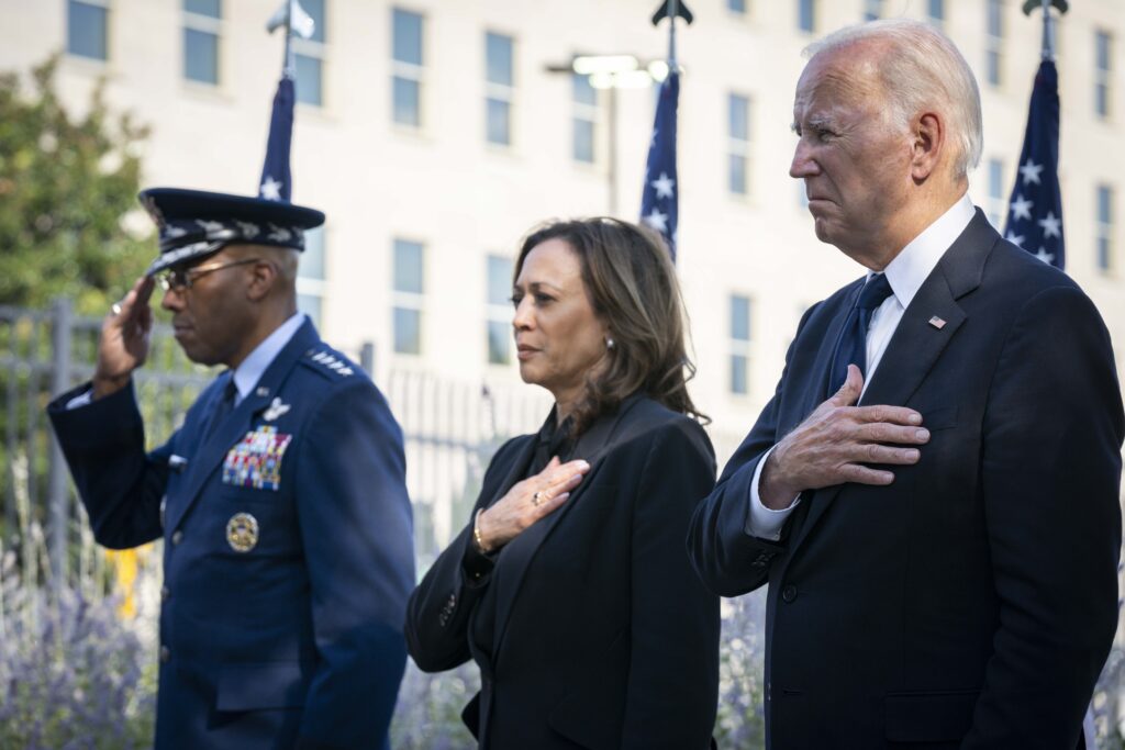 Gen. CQ Brown, Jr., Chairman of the Joint Chiefs of Staff, participates in a 9/11 Wreath Laying Ceremony alongside President Joe Biden, Vice President Kamala Harris and Secretary of Defense Lloyd J. Austin III, at the Pentagon, in Washington, D.C., September 11, 2024. (DOD photo by Chief Mass Communication Specialist James Mullen)