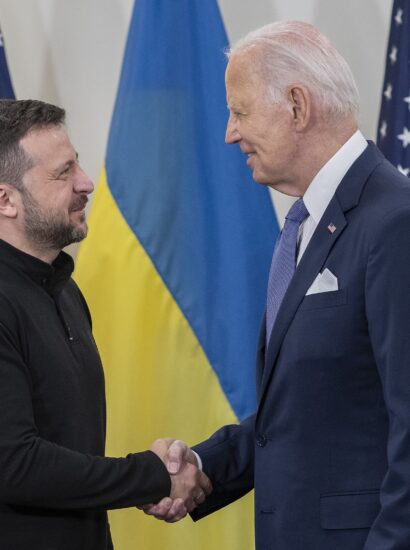 President Joe Biden greets Ukrainian President Volodymyr Zelenskyy prior to a bilateral exchange in Paris, France, June 7, 2024. (DoD photo by U.S. Navy Petty Officer First Class Alexander C. Kubitza)