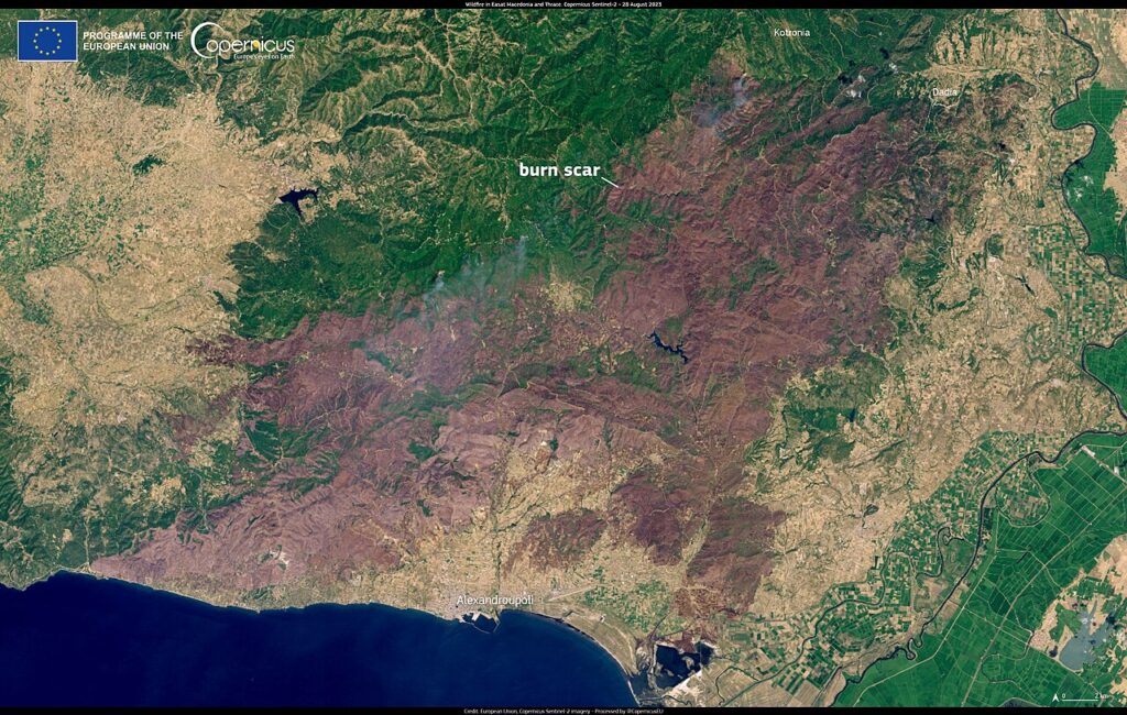 On 28 August, one of the Copernicus Sentinel-2 satellites captured this image of the entire affected area where the burnt scar is visible (Source: Wikimedia Commons)