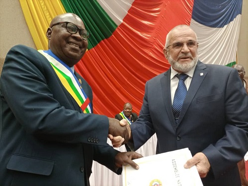 President of the National Assembly of the Central African Republic Simplice Sarandji with Wagner Group representative, Alexander Ivanov, October 2021 (Photo: Corbeau News Centrafrique)