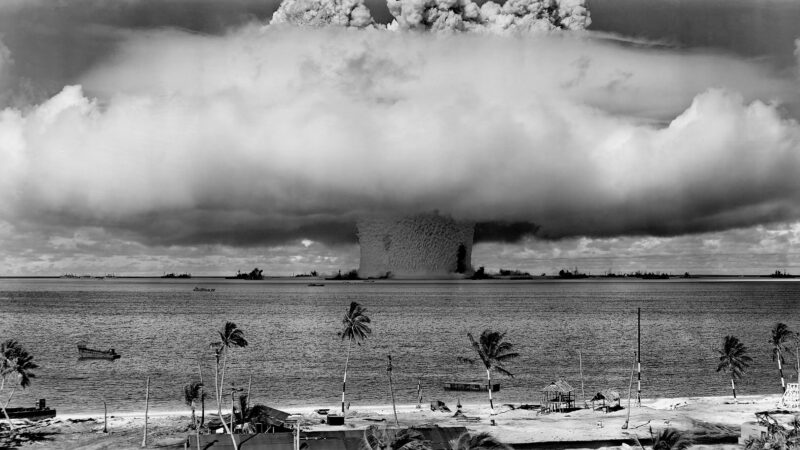 The "Baker" Explosion, part of Operation Crossroads, a US Army nuclear test at Bikini Atoll, Micronesia, on July 25, 1946. Photo: United States Department of Defense (U.S. Army / Navy) on Wikimedia Commons.