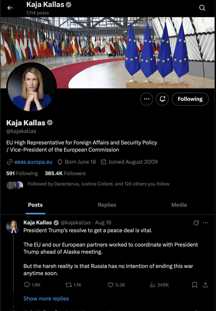 X.com profile of EU High Representative of Foreign Affairs Kaja Kallas on August 19, 2025 at 8:21am CEST
