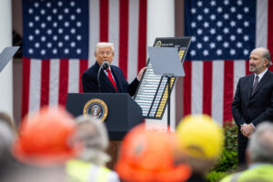 President Donald Trump signs an Executive Order on the Administration’s tariff plans at a “Make America Wealthy Again” event, Wednesday, April 2, 2025, in the White House Rose Garden. Photo: Official White House Photo by Daniel Torok on Wikimedia Commons.
