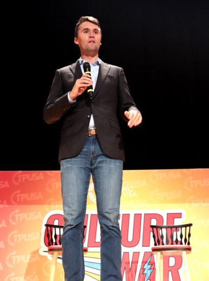 Charlie Kirk speaking with attendees at the Culture War tour at the Ohio Union
