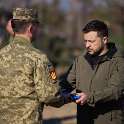“On the occasion of the Day of Missile Forces and Artillery and the Engineering Troops Day, Volodymyr Zelenskyy presents state awards to Ukraine's defenders.” by President Of Ukraine, Public Domain Dedication (CC0).
