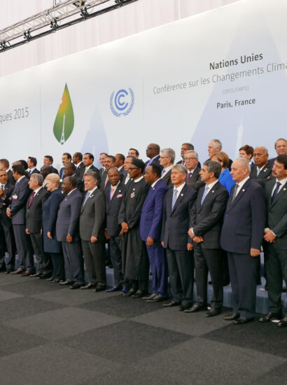 Heads of delegations at the 2015 United Nations Climate Change Conference (COP21), which led to the signing of the Paris Agreement.