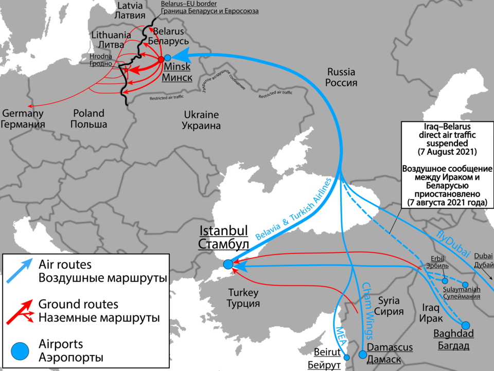 Main routes of illegal migrants to the Belarus–EU border Source: Wikipedia
