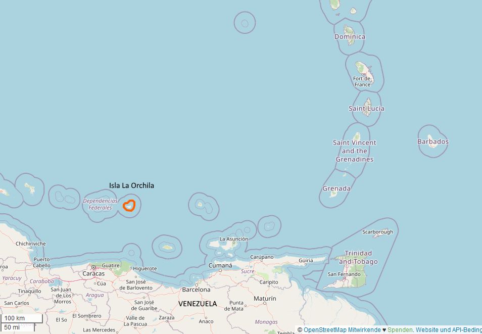A map of the Southern Caribbean around the Venezuelan coast, showing La Orchila Island