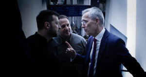 A screengrab from the documentary 'Facing War'. From left to right: Ukrainian President Volodymyr Zelenskyy, his chief of staff, Andriy Yermak, and then-NATO Secretary-General Jens Stoltenberg. Source: BIDF.