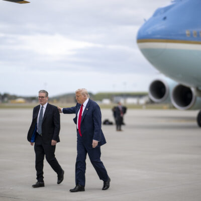 President Donald Trump and U.K. Prime Minister Keir Starmer board Marine One at Royal Air Force Lossiemouth, Scotland on Monday, July 28, 2025, en route Trump International Scotland in Aberdeen. Photo: The White House / Official White House Photo / Daniel Torok / Flickr, US Government Works.