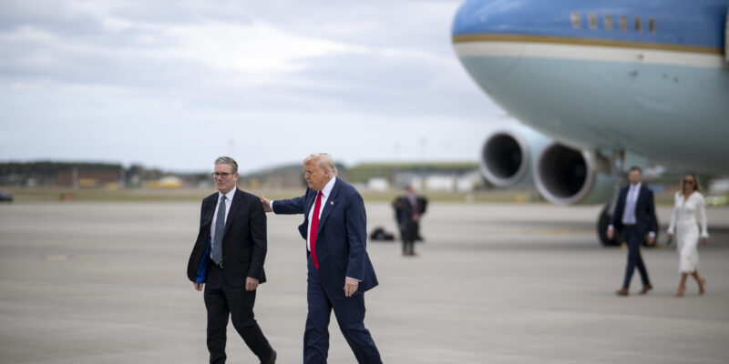 President Donald Trump and U.K. Prime Minister Keir Starmer board Marine One at Royal Air Force Lossiemouth, Scotland on Monday, July 28, 2025, en route Trump International Scotland in Aberdeen. Photo: The White House / Official White House Photo / Daniel Torok / Flickr, US Government Works.