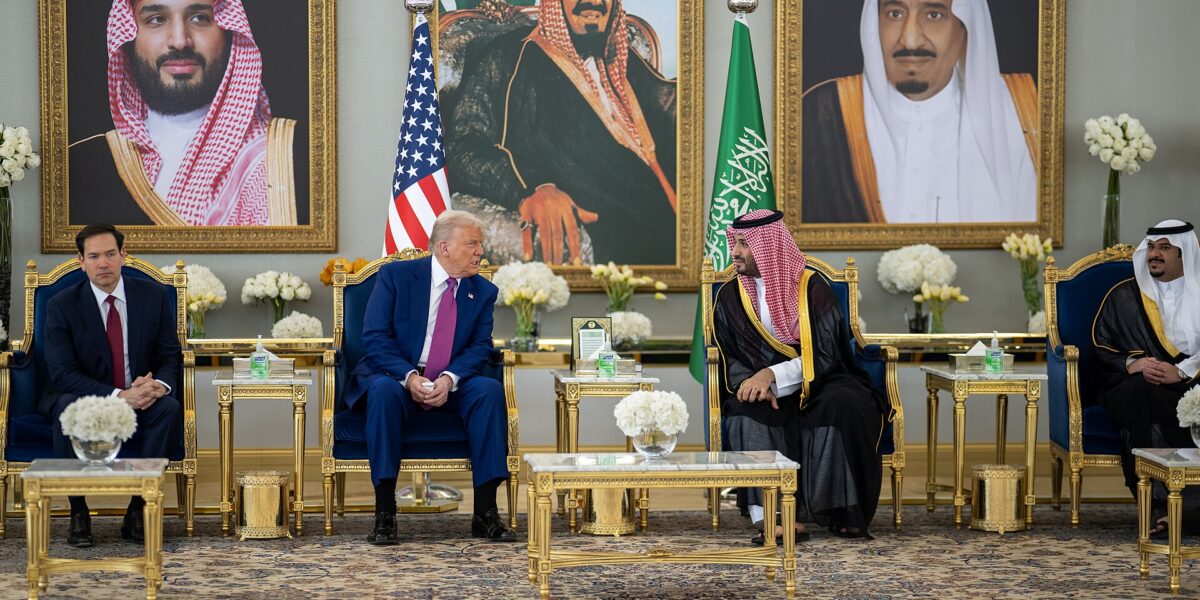 President Donald Trump speaks with Saudi Crown Prince Mohammed Bin Salman Al Saud after his arrival to King Khalid International Airport in Riyadh, Saudi Arabia, Tuesday, May 13, 2025. (Official White House Photo by Daniel Torok)