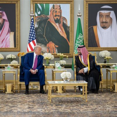 President Donald Trump speaks with Saudi Crown Prince Mohammed Bin Salman Al Saud after his arrival to King Khalid International Airport in Riyadh, Saudi Arabia, Tuesday, May 13, 2025. (Official White House Photo by Daniel Torok)