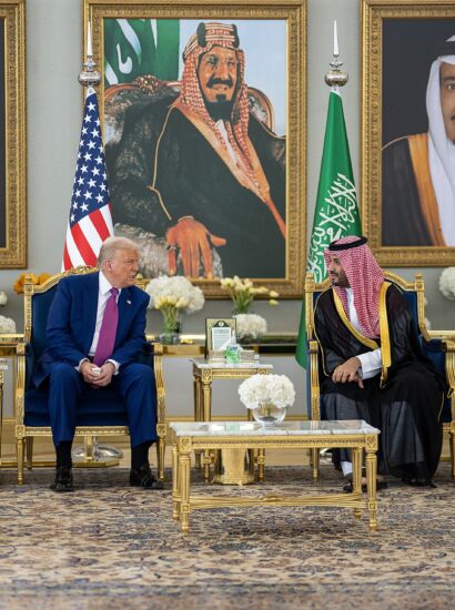 President Donald Trump speaks with Saudi Crown Prince Mohammed Bin Salman Al Saud after his arrival to King Khalid International Airport in Riyadh, Saudi Arabia, Tuesday, May 13, 2025. (Official White House Photo by Daniel Torok)
