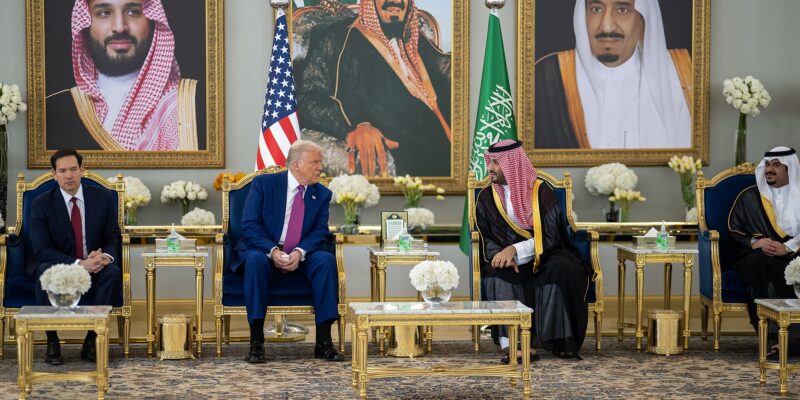 President Donald Trump speaks with Saudi Crown Prince Mohammed Bin Salman Al Saud after his arrival to King Khalid International Airport in Riyadh, Saudi Arabia, Tuesday, May 13, 2025. (Official White House Photo by Daniel Torok)