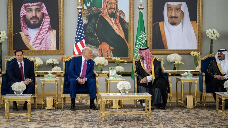 President Donald Trump speaks with Saudi Crown Prince Mohammed Bin Salman Al Saud after his arrival to King Khalid International Airport in Riyadh, Saudi Arabia, Tuesday, May 13, 2025. (Official White House Photo by Daniel Torok)