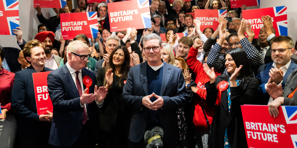Keir Starmer, leader of the Labour Party, and Richard Parker, Labour’s newly elected West Midlands Mayor, celebrate with activists at the ICC in Birmingham on Saturday, May 4, 2024. Photo: Keir Starmer / Flickr, CC BY-NC-ND 2.0