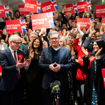 Keir Starmer, leader of the Labour Party, and Richard Parker, Labour’s newly elected West Midlands Mayor, celebrate with activists at the ICC in Birmingham on Saturday, May 4, 2024. Photo: Keir Starmer / Flickr, CC BY-NC-ND 2.0