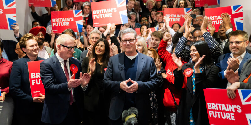 Keir Starmer, leader of the Labour Party, and Richard Parker, Labour’s newly elected West Midlands Mayor, celebrate with activists at the ICC in Birmingham on Saturday, May 4, 2024. Photo: Keir Starmer / Flickr, CC BY-NC-ND 2.0