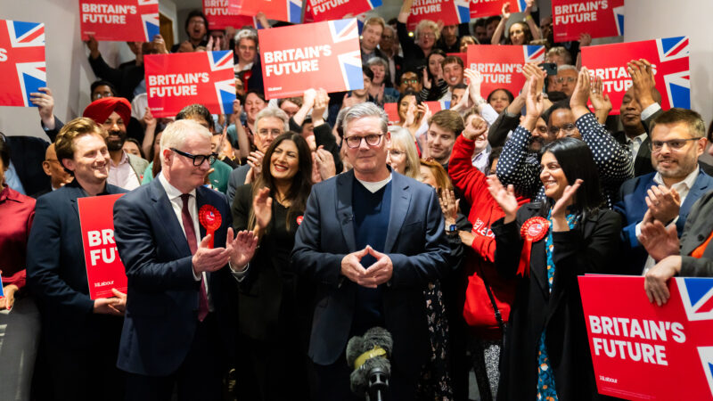 Keir Starmer, leader of the Labour Party, and Richard Parker, Labour’s newly elected West Midlands Mayor, celebrate with activists at the ICC in Birmingham on Saturday, May 4, 2024. Photo: Keir Starmer / Flickr, CC BY-NC-ND 2.0