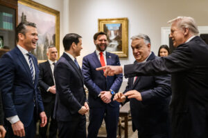 Hungarian Prime Minister Viktor Orban greets Vice President JD Vance and members of the U.S. delegation in the West Wing Lobby of the White House, Friday, November 7, 2025. Photo source: Official White House Photo / Mollly Riley / Flickr, United States Government Work.