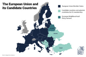 Four frontrunners currently stand out in the EU membership queue: Montenegro, Albania, Moldova and Ukraine. A Long Brief Graphic.