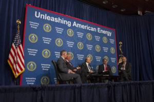 Secretary of Energy Rick Perry is joined by U.S. Secretary of Interior Ryan Zinke, Administrator, Environmental Protection Agency, Scott Pruitt and Director of National Economic Council Gary Cohn for a roundtable discussion on Energy Dominance, June 29, 2017. Photo source: Simon Edelman / Energy Department / U.S. Department of Energy / Wikimedia Commons, United States Government Work.