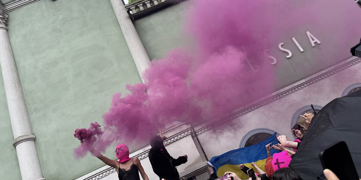 Protestors at the Russian Pavilion during 2026 Venice Biennale opening day, May 6, 2026.