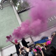 Protestors at the Russian Pavilion during 2026 Venice Biennale opening day, May 6, 2026.