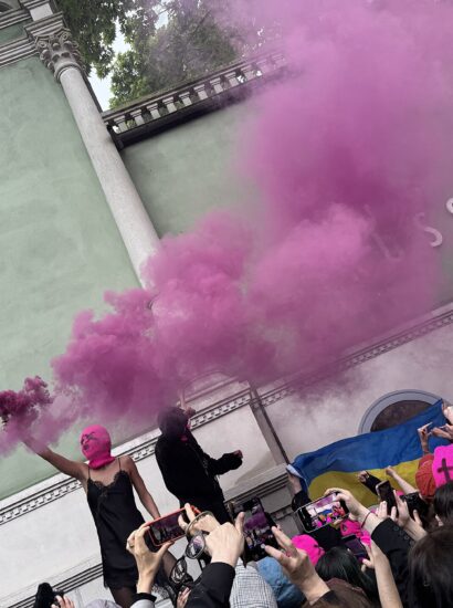 Protestors at the Russian Pavilion during 2026 Venice Biennale opening day, May 6, 2026.