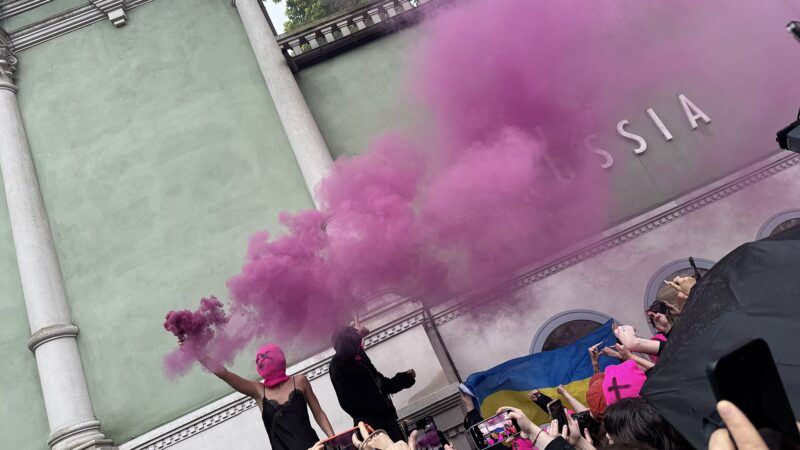 Protestors at the Russian Pavilion during 2026 Venice Biennale opening day, May 6, 2026.