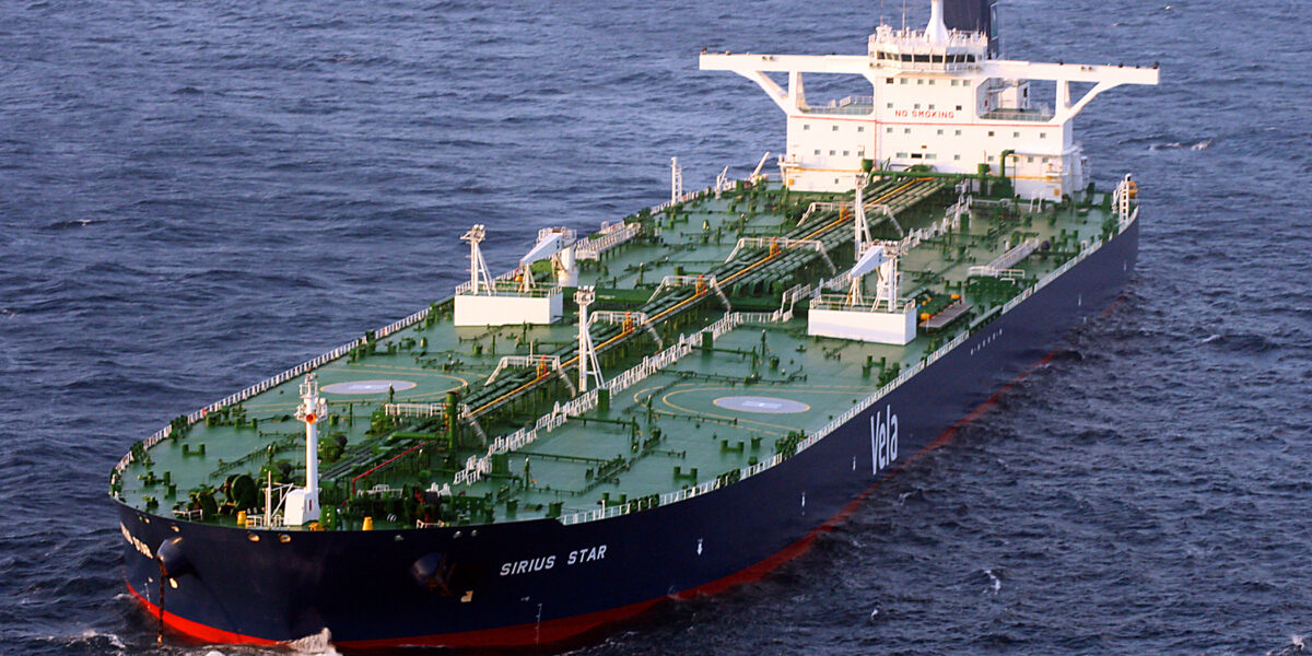 The Liberian-flagged oil tanker MV Sirius Star is at anchor off the coast of Somalia in 2008. U.S. Navy photo by Aviation Warfare Systems Operator 2nd Class William S. Stevens