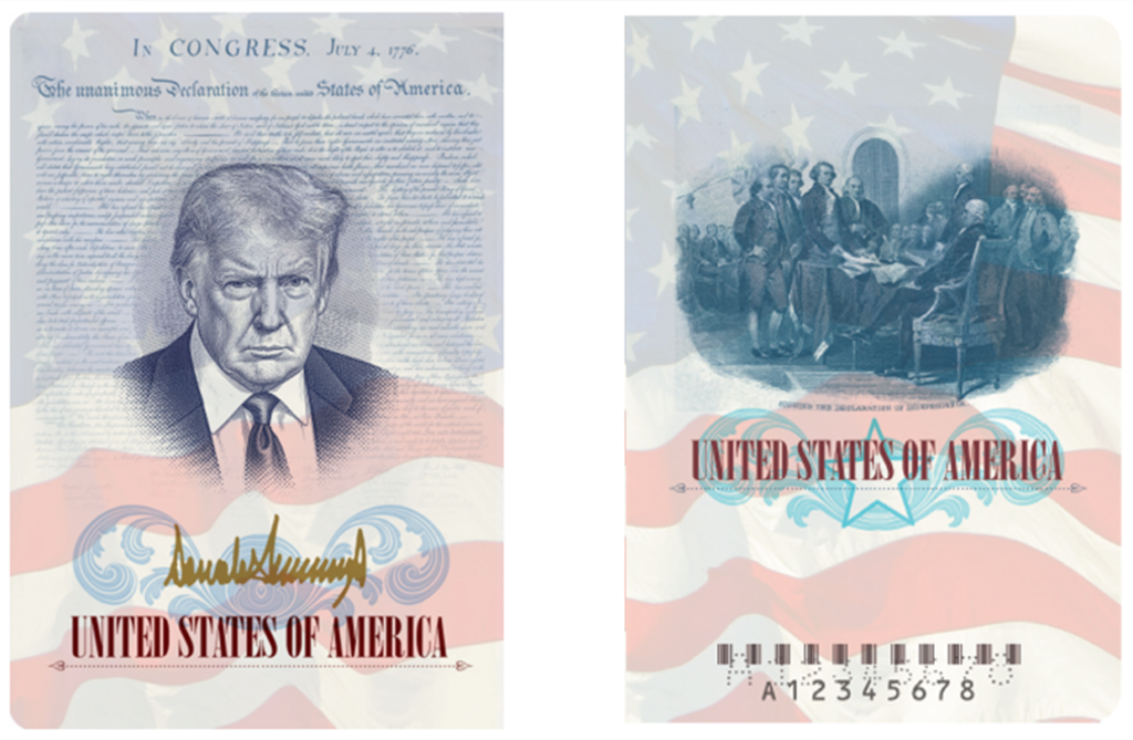 Inner covers of a new limited-edition United States passport design for the Semiquincentennial featuring the United States Declaration of Independence, and Donald Trump.